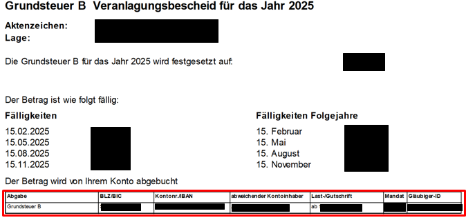 Das Bild Zeit den Auszug aus einem Muster-Bescheid. Dabei ist der Satz "Der Betrag wird von Ihrem Konto abgebucht ." sowie dasdarauf fol folgende Feld  mit den entsprechenden Kontodate rot markziert.