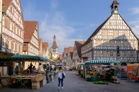 Der Winnender Wochenmarkt bei blauem Himmel